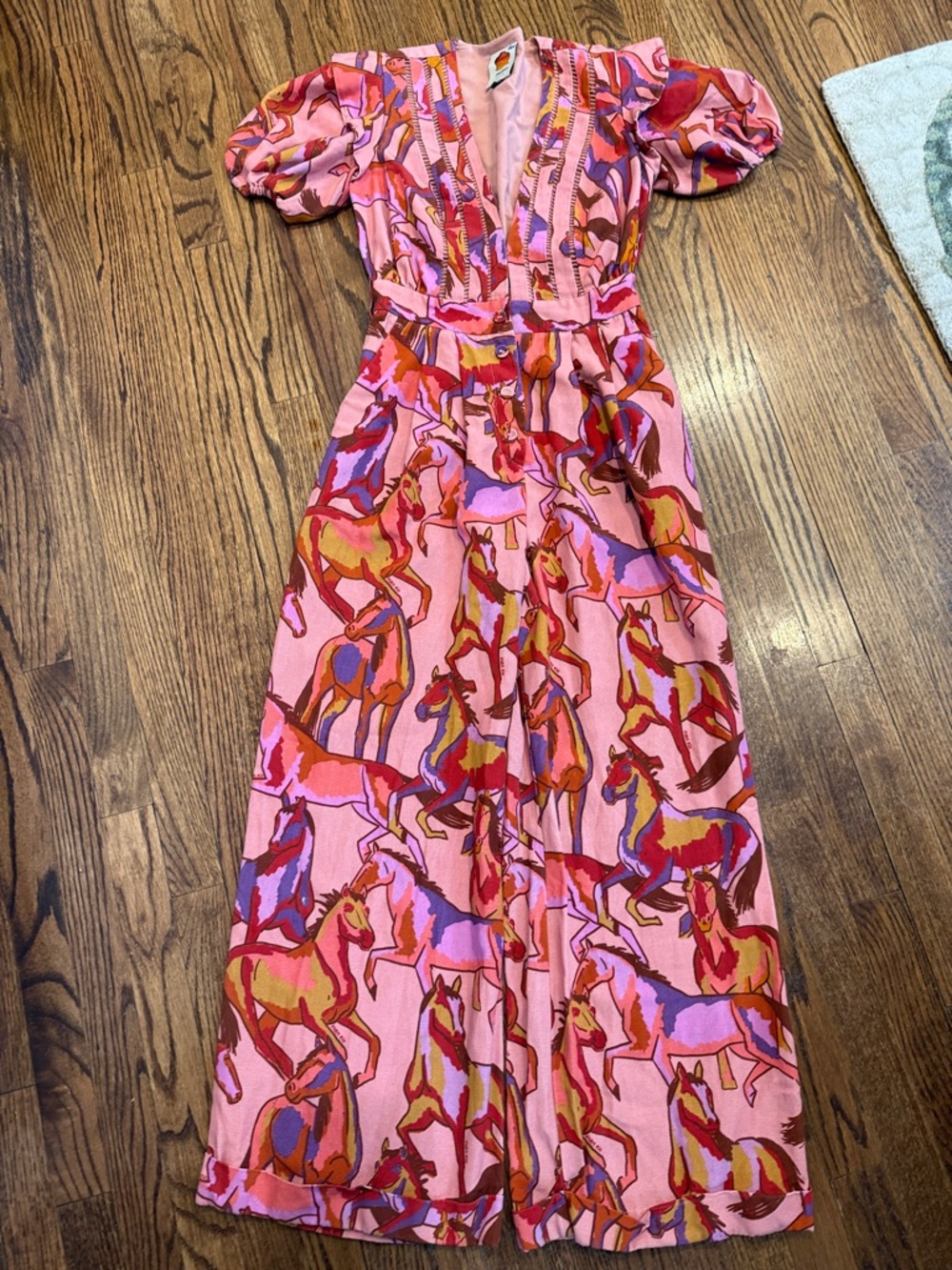 FARM Rio Pink Multicolor Horse-Print Puff-Sleeve Belted Jumpsuit - Picture 7 of 10